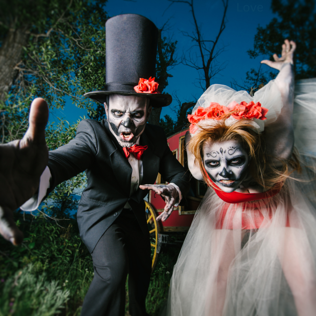 Bride and groom at a Dallas wedding venue near me for Halloween.