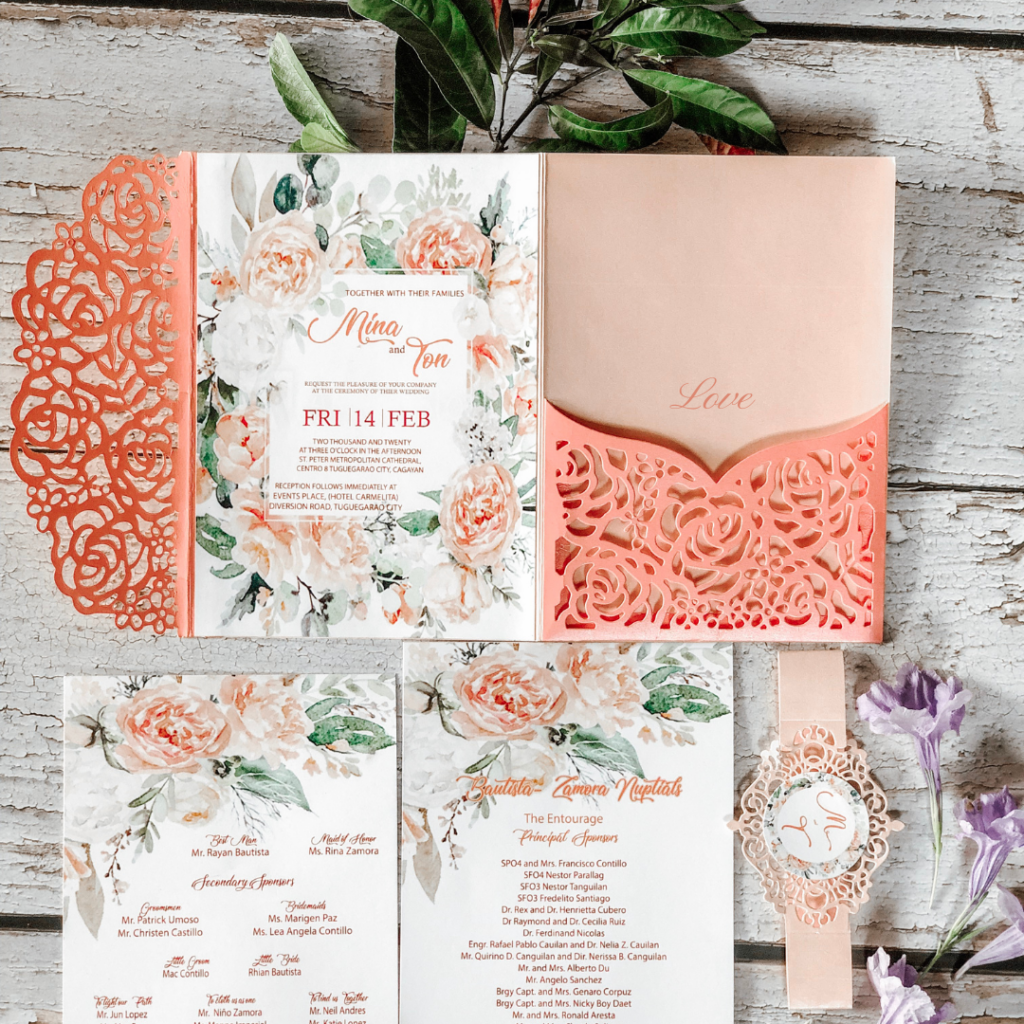 Peach and green wedding invitations in Dallas Texas.