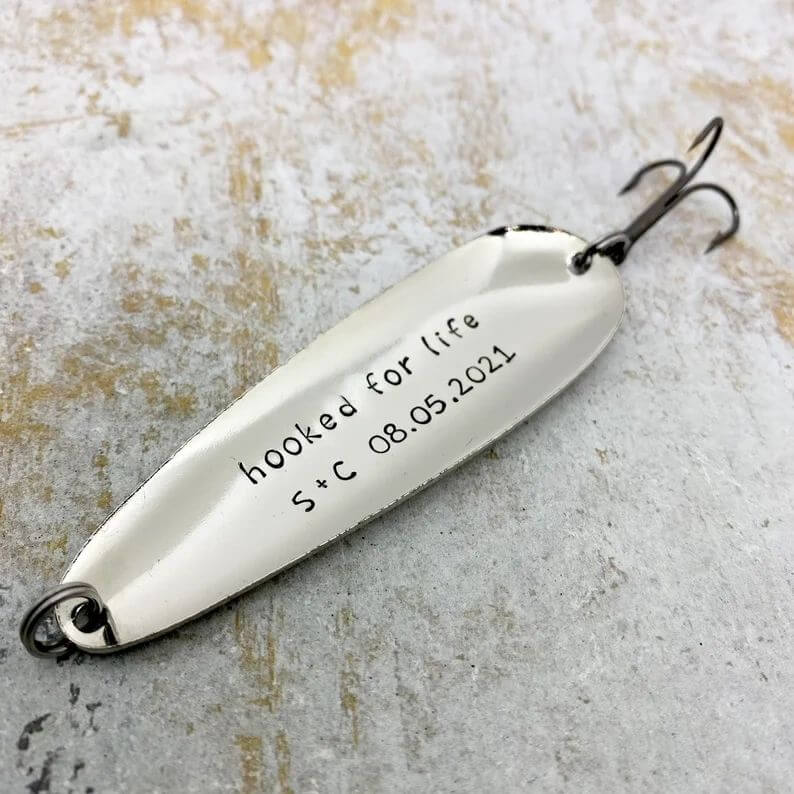 Custom fishing lure at lakefront wedding venue in Corsicana near Dallas.