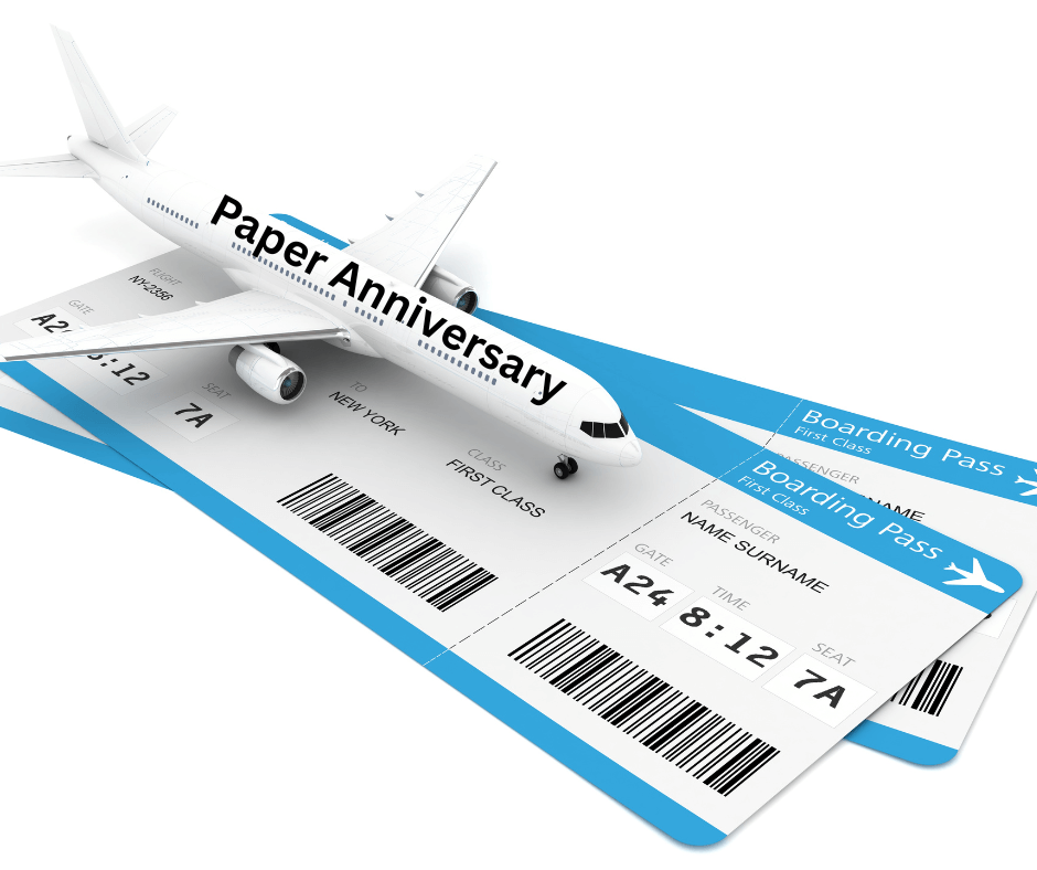 Traditional Anniversary Gifts by Year, A small toy airplane labeled “1st Anniversary” rests atop two vintage-style plane tickets. The image symbolizes travel-themed or experience-based anniversary gifts, perfect for celebrating a couple’s first year of marriage with an adventurous getaway.