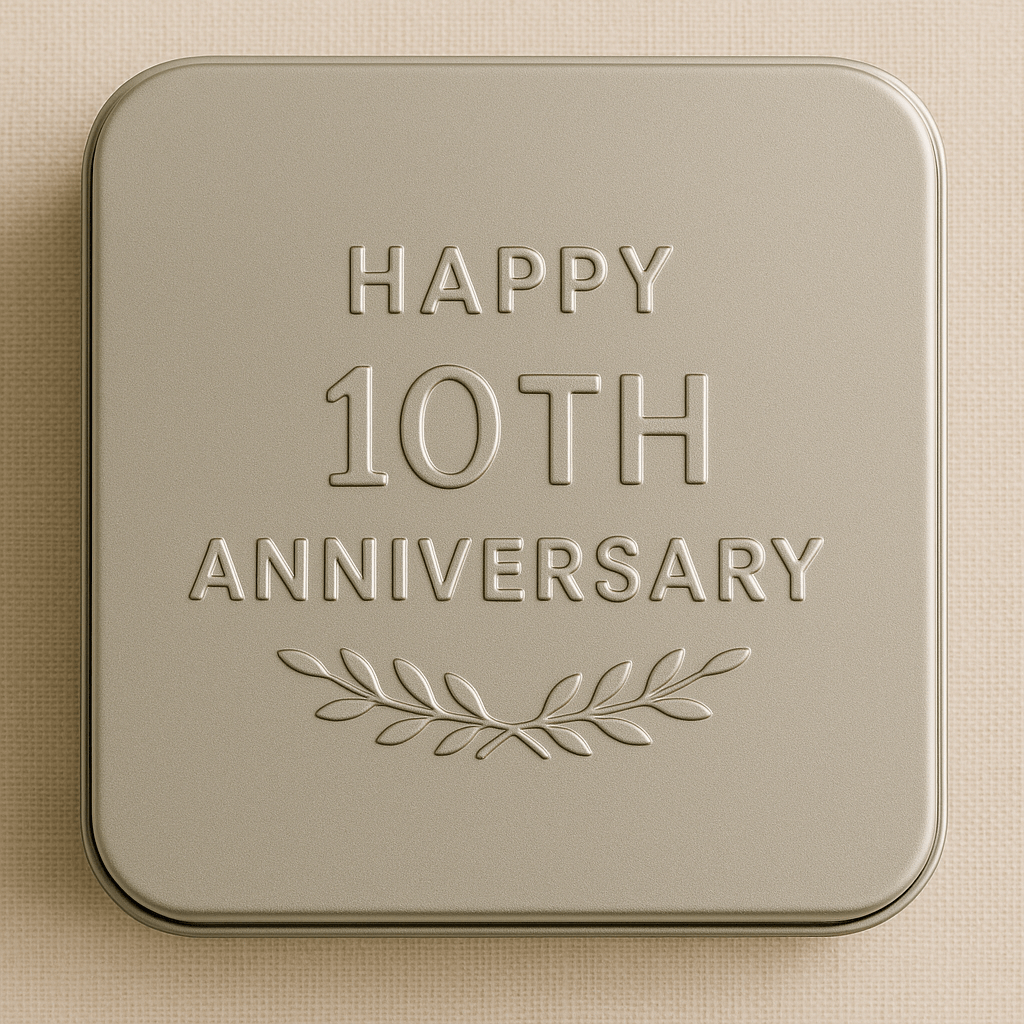 Modern square tin box with “Happy 10th Anniversary” elegantly engraved on the lid, accented by a laurel design. A sleek and meaningful gift idea for celebrating a decade of love, perfect for couples in Dallas, Texas, or those who wed at the serene Lakefront Acres wedding venue.