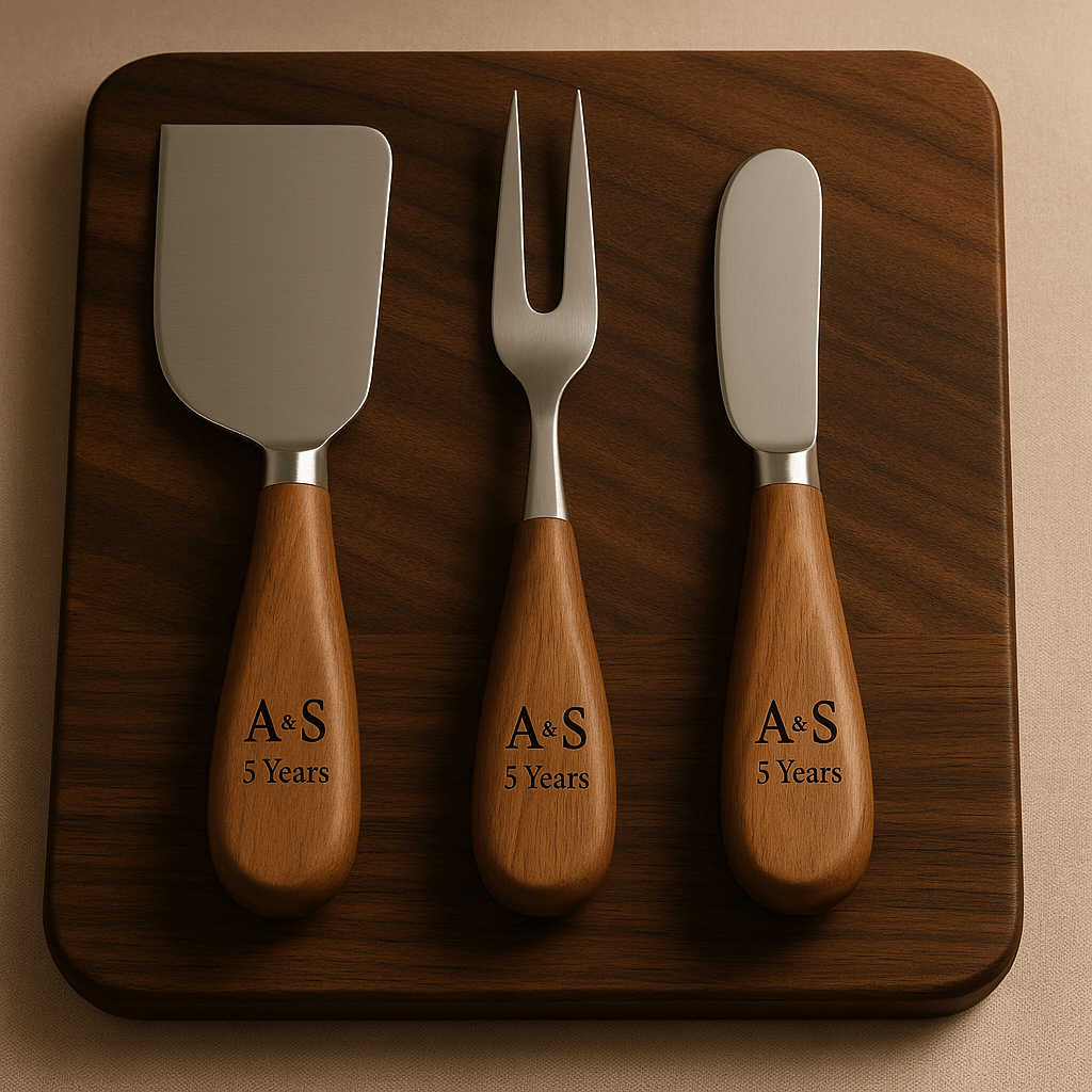 Personalized wooden-handled cheese knife set engraved with “A & S – 5 Years,” displayed on a dark wood board. A thoughtful 5th anniversary gift idea, perfect for couples celebrating their wedding milestone at Lakefront Acres—a scenic lakefront venue known for timeless romance and elegant charm.