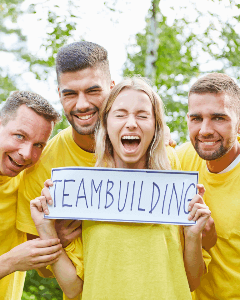 Employees playing team-building games during a corporate event at Lakefront Acres in Kerens, Texas.
