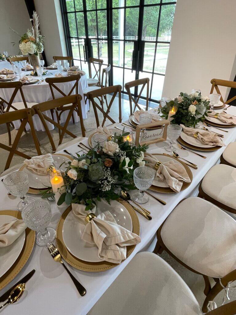 Beautiful wedding venue on Richland Chambers Lake prepared for an elegant indoor and outdoor wedding celebration