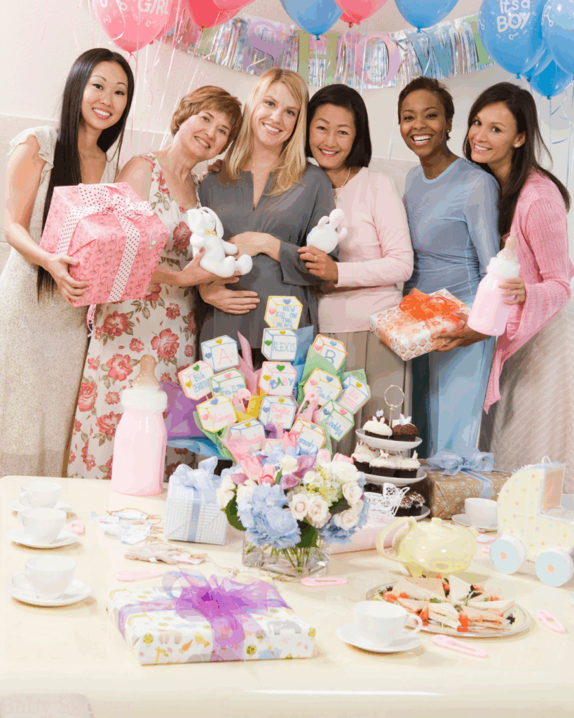 Guests celebrating a baby shower in Corsicana Texas with lakefront backdrop