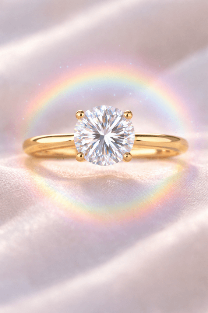 Moissanite solitaire engagement ring with soft rainbow light reflection on gold band – modern bride inspiration at Lakefront Acres in Texas