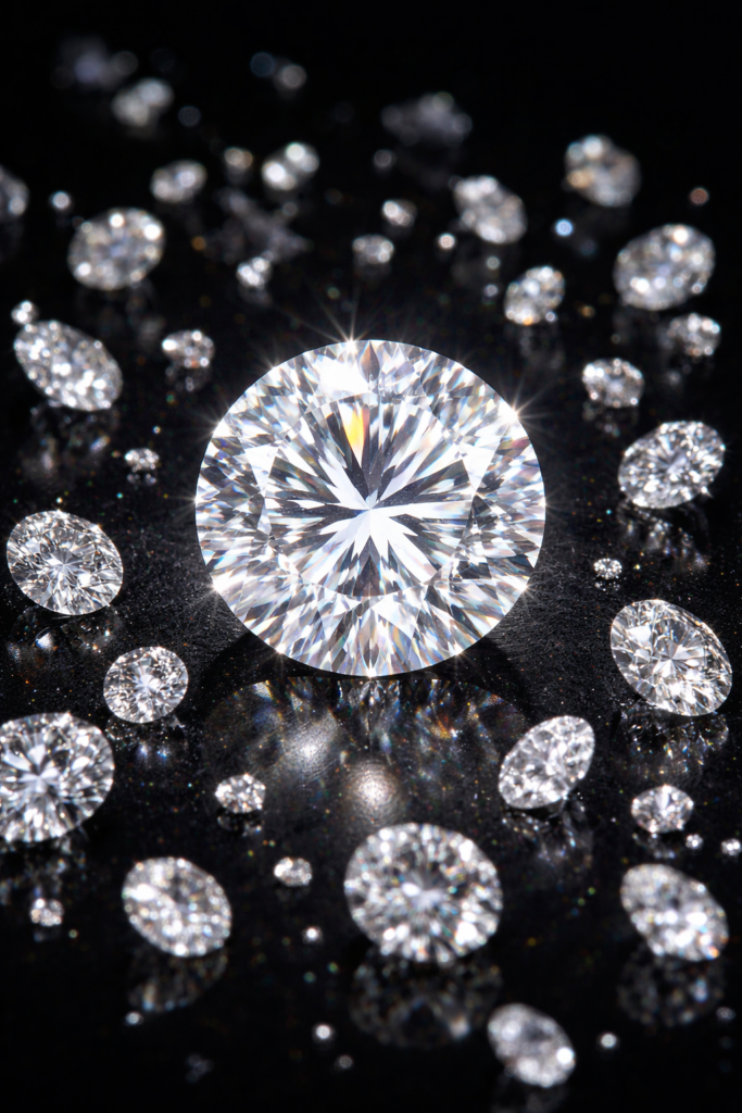 Macro image of lab-created diamond on black background with scattered smaller diamonds – engagement ring education by Lakefront Acres Wedding Venue in Texas