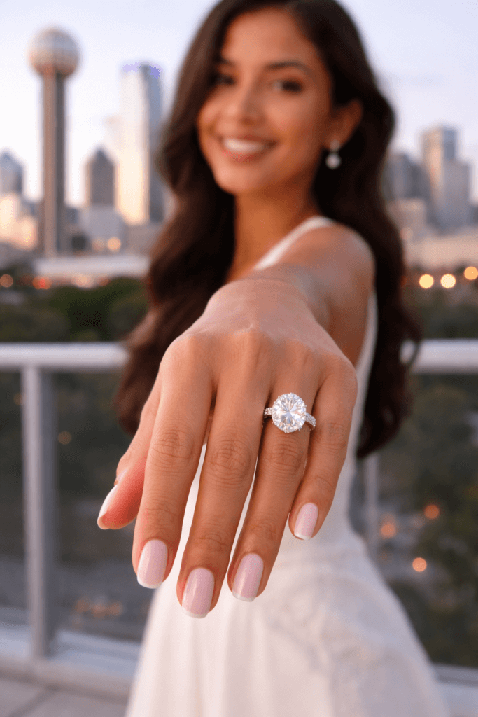 Bride holding oval lab-created diamond engagement ring with Dallas skyline behind her – Lakefront Acres Wedding & Event Venue Texas wedding inspiration