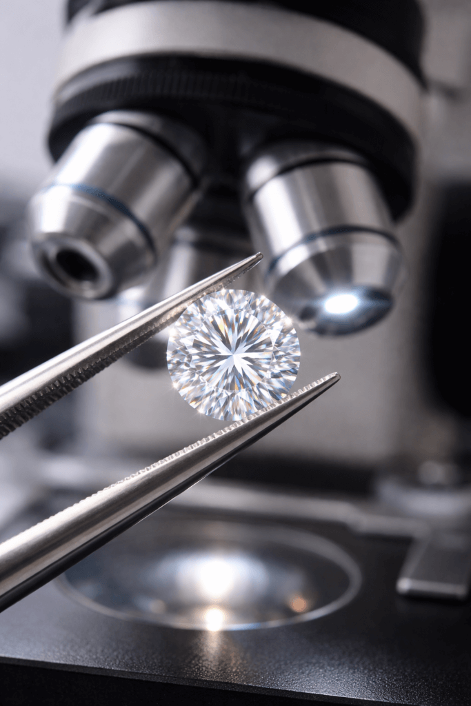 Moissanite gemstone held in jeweler tweezers under microscope light showing rainbow brilliance – diamond comparison guide from Lakefront Acres Wedding & Event Venue