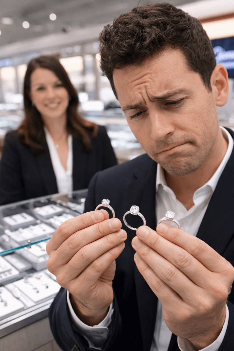 Groom-to-be comparing three diamond engagement rings in jewelry store – engagement ring guide for Texas couples from Lakefront Acres Wedding & Event Venue.