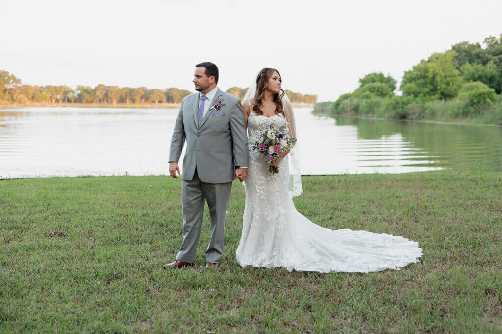 Bride and groom at a North Texas lakeside wedding venue
