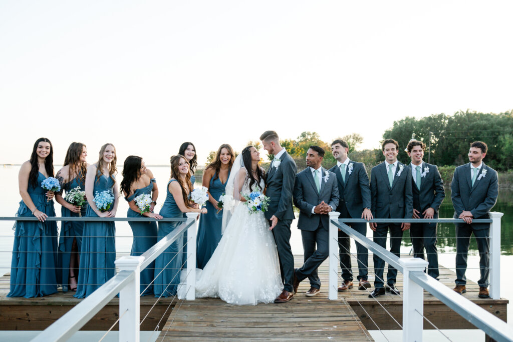 Bride and groom at a waterfront wedding venue in North Texas.