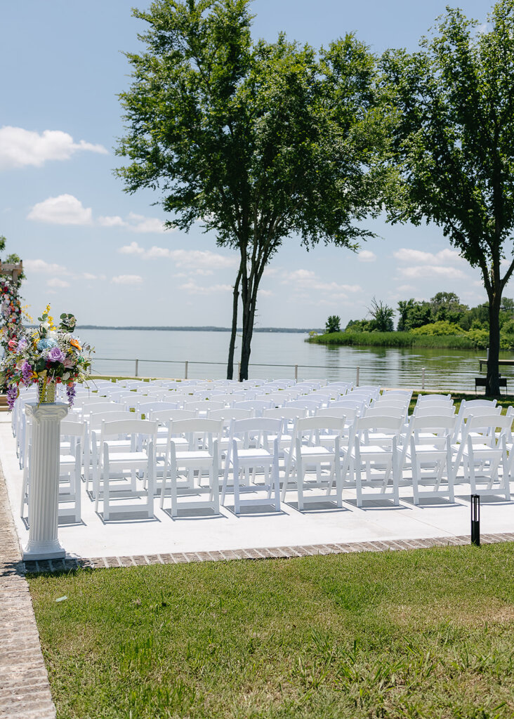 Water view ceremony site at Lakefront Acres wedding venue in North Texas.
